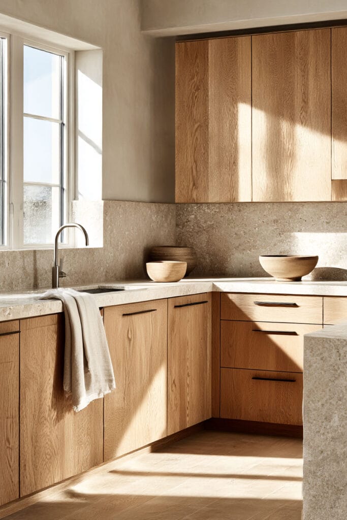 warm wood kitchen cabinets with natural stone countertops and neutral backsplash in organic modern kitchen design