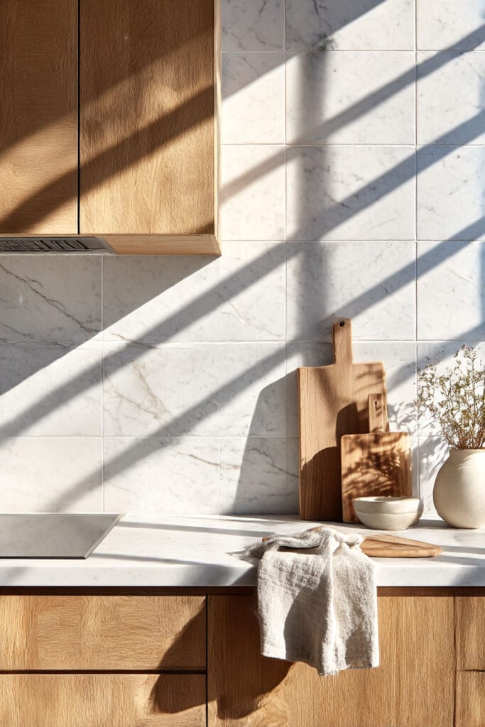 natural stone kitchen countertops with marble tile backsplash and warm wood cabinets in neutral kitchen design